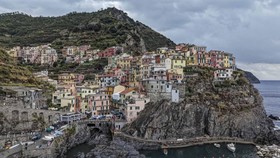 A drone view shows the coastal village of Manarola, part of the Cinque Terre, in Liguria, Italy, September 8, 2026. REUTERS/Ilan Rosenberg