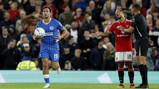 Soccer Football - Carabao Cup - Third Round - Manchester United v Brighton & Hove Albion - Old Trafford, Manchester, Britain - September 16, 2026 Brighton and Hove Albion's Charalampos Kostoulas celebrates scoring their first goal as Manchester Unite