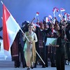 Kontingen Indonesia melakukan defile dalam Asian Games 2026 di Stadion Paloma Mizuho, Nagoya, Aichi, Jepang, Sabtu (19/9/2026). Indonesia mengirimkan sebanyak 430 atlet yang tampil pada 35 cabang olahraga dengan target perolehan empat medali emas pad