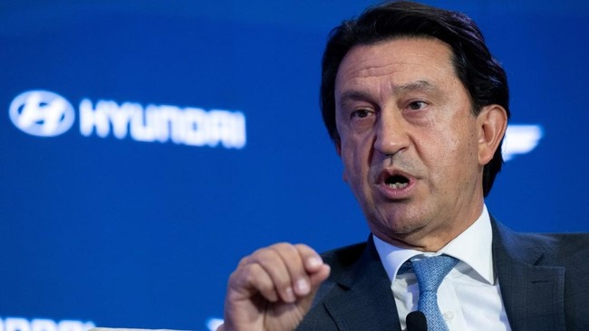 Jose Munoz, CEO of Hyundai, speaks during the Semafor World Economy conference in Washington, DC, on April 14, 2026. (Photo by SAUL LOEB / AFP)