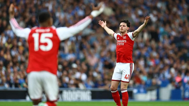 Soccer Football - Premier League - Brighton & Hove Albion v Arsenal - The American Express Community Stadium, Brighton, Britain - September 19, 2026 Arsenal's Declan Rice reacts Action Images via Reuters/Peter Cziborra