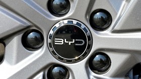 FILE PHOTO: The BYD logo on an ATTO 3 EVO vehicle during a media driving event of Chinese carmaker BYD (Build Your Dreams) in Hamburg, Germany, March 19, 2026. REUTERS/Fabian Bimmer/File Photo