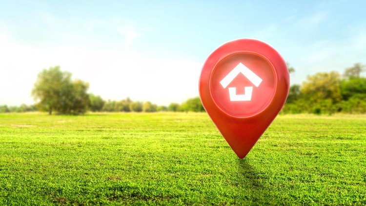 House symbol with location pin icon on earth and green grass in real estate sale or property investment concept&comma; Buying new home for family - 3d illustration of big advertising sign&period;
