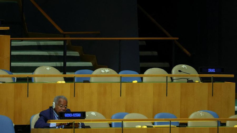 Kursi delegasi Israel saat Presiden Iran Masoud Pezeshkian berpidato di hadapan Sidang Majelis Umum PBB (UNGA) ke-81 di markas besar PBB di New York City, AS, pada 23 September 2026.