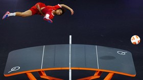 Asian Games - Aichi-Nagoya 2026 - Teqball - Higashi Sports Center, Nagoya, Japan - September 20, 2026 Thailand's Suphawadi Wongkhamchan in action with Jutatip Kuntatong during their women's doubles final against Myanmar's Aung Hsu Mon and Than Phyu P