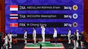 Rahmat Erwin Abdullah meraih medali emas kedua Indonesia dari cabang olahraga angkat besi nomor 74kg putra Asian Games 2026, Sabtu (26/9).  (NOC Indonesia/NMA)
