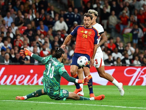 Soccer Football - Nations League - Group A3 - England v Spain - Wembley Stadium, London, Britain - September 26, 2026 Spain's Mikel Oyarzabal scores their third goal Action Images via Reuters/Peter Cziborra     TPX IMAGES OF THE DAY