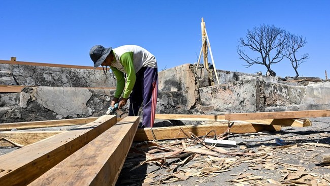 Warga menyiapkan kayu untuk tiang bangunan rumah adat pascakebaran di Desa adat Sade, Rembitan, Kecamatan Pujut, Praya, Lombok Tengah, NTB, Jumat (4/9/2026). Warga Kampung Adat Sade mulai membangun kembali rumah adat dan Masjid Sade pascakebakaran ya