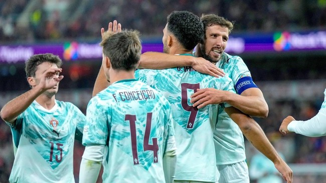 Soccer Football - Nations League - Group A4 - Norway v Portugal - Ullevaal Stadion, Oslo, Norway - September 27, 2026 Portugal's Goncalo Ramos celebrates scoring their second goal with Ruben Dias, Francisco Conceicao and Joao Neves . Cornelius Poppe/
