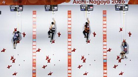 Asian Games - Aichi-Nagoya 2026 - Sport Climbing - Women's Speed 4 - Semi Final - Nagoya International Exhibition Hall, Nagoya, Japan - September 30, 2026 Japan's Ren Koyamatsu, South Korea's Jimin Jeong, Indonesia's Desak Made Rita Kusuma Dewi and K