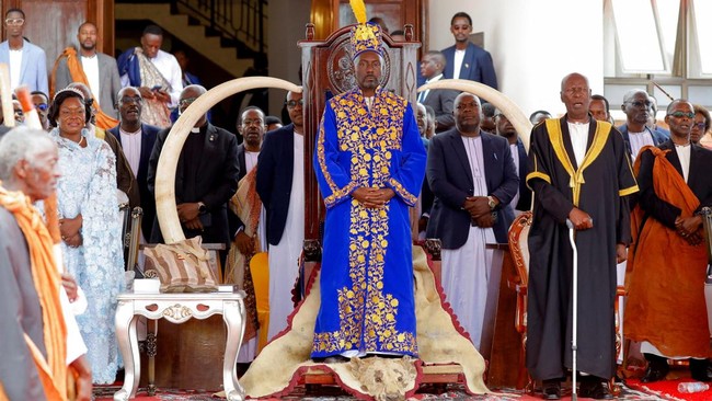 King Edward Rukidi Nyabongo 1 of the Tooro Kingdom stands on his throne as the 13th monarch of the Batooro people in a ritual-laden coronation at the Karuziika palace, Fort Portal, Uganda September 29, 2026. REUTERS/Abubaker Lubowa