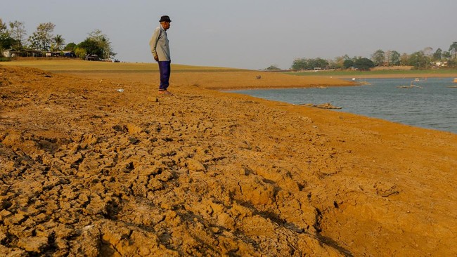 Seorang warga mengamati kondisi Waduk Gembong yang volume airnya menyusut akibat musim kemarau di Pati, Jawa Tengah, Senin (14/9/2026).