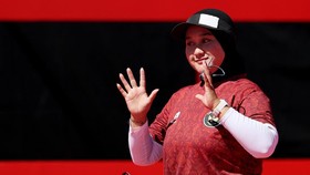 Asian Games - Aichi-Nagoya 2026 - Archery - Okazaki Central Park Multipurpose Square, Okazaki, Japan - October 1, 2026 Indonesia's Nurisa Dian Ashrifah celebrates after winning the compound women's individual gold medal match against Philippines' Ama