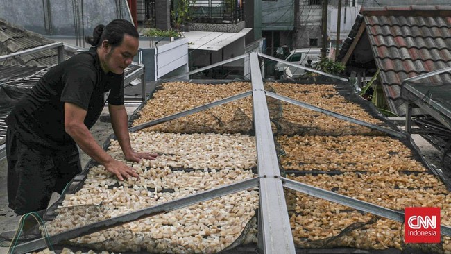 Pekerja mengolah kulit sapi di tempat pengolahan kerupuk kulit di Pancoran, Jakarta, Kamis (1/10). (CNN Indonesia/Febria Adha L)