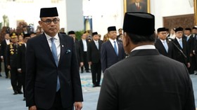 Arrmanatha Nasir dalam pelantikan sebagai Menteri Luar Negeri (Menlu) di Istana Negara, Jakarta, Kamis (1/10).