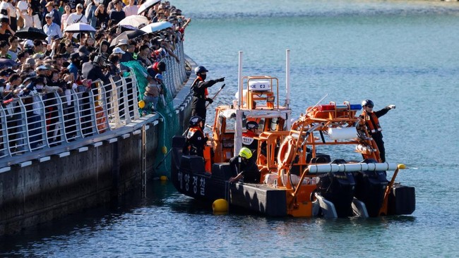 People watch rescue workers aboard a boat handling a net during an operation to guide a shark nicknamed
