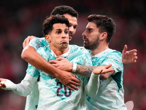 Soccer Football - UEFA Nations League - Group A4 - Denmark v Portugal - Parken, Copenhagen, Denmark - October 1, 2026 Portugal's Joao Cancelo celebrates scoring their first goal Liselotte Sabroe/Ritzau Scanpix via REUTERS      ATTENTION EDITORS - THI