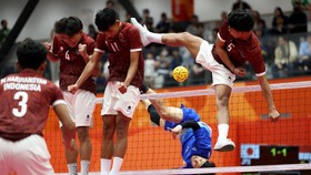 Asian Games - Aichi-Nagoya 2026 - Sepak Takraw - Men's Quadrant Gold Medal Match - Japan v Indonesia - Paloma Mizuho Sports Park, Nagoya, Japan - October 3, 2026 Indonesia's Muhammad Ubaidur Rohman, Yudha Aswinatama and Jelki Ladada in action REUTERS