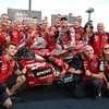 Ducati Lenovo Team rider Marc Marquez (centre R) of Spain and his team officers celebrate his victory during the sprint race podium ceremony of MotoGP Japanese Grand Prix at the Mobility Resort Motegi in Motegi, Tochigi prefecture on October 3, 2026.