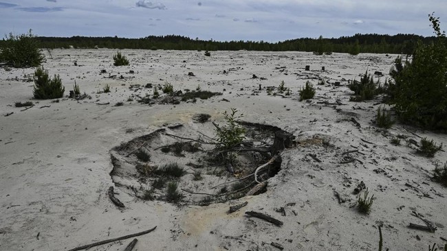 This photograph shows a former forest  previously used for illegal amber mining in the Rivne region, northwestern Ukraine on May 19, 2026. Russia's invasion has hit efforts to regulate the industry in Ukraine, which has some of the world's biggest re