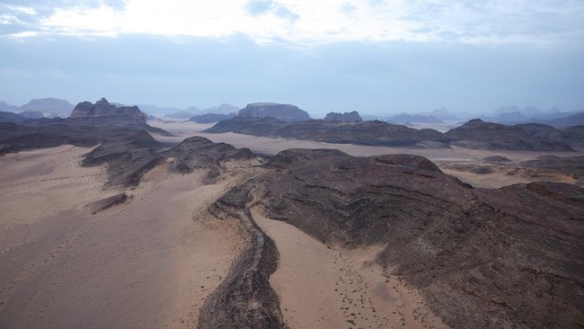 A view of Wadi Rums mountains and desert landscape from above, Jordan, October 3, 2026. REUTERS/Alaa Al-Sukhni