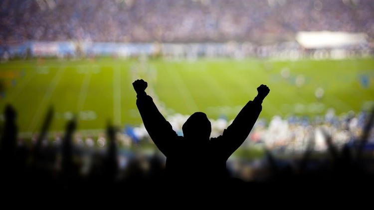 Fans excited at a football game&comma; selective focus on fan with fists raised&period; Taken with Canon 5d mark II