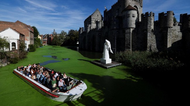 Sebuah kapal wisata melintasi bagian Sungai Lys yang tertutup tanaman air duckweed di depan Kastil Gravensteen di Ghent, Belgia, pada 5 Oktober 2026. (REUTERS/Stephanie Lecocq)