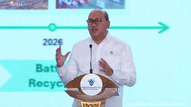 CEO Danantara Rosan Roeslani di Groundbreaking dan Komersialisasi 11 Ekosistem Hilirisasi Nikel serta Ekspor Perdana Baterai Kendaraan Listrik Kawasan Industri Weda Bay, Halmahera Tengah, Maluku Utara, 8 Oktober 2026