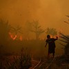 A resident walks as a wildfire burns near a residential area in Banyuasin, South Sumatra province, Indonesia, October 7, 2026. REUTERS/Abriansyah Liberto