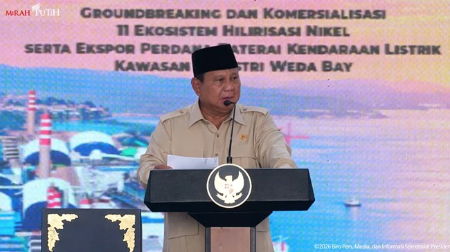 Prabowo Hadiri Groundbreaking dan Komersialisasi 11 Ekosistem Hilirisasi Nikel serta Ekspor Perdana Baterai Kendaraan Listrik Kawasan Industri Weda Bay, Halmahera Tengah, Maluku Utara, 8 Oktober 2026