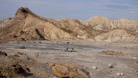 A six-wheeled Mars rover prototype known as Charlie during a test by the European Space Agency (ESA), Airbus and other European partners, testing technologies and operational procedures for ESA's ExoMars Rosalind Franklin mission, in a desert area