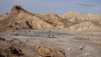 A six-wheeled Mars rover prototype known as Charlie during a test by the European Space Agency (ESA), Airbus and other European partners, testing technologies and operational procedures for ESA's ExoMars Rosalind Franklin mission, in a desert area