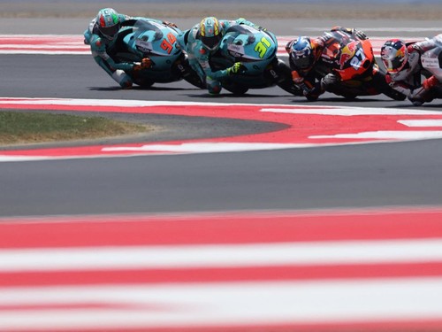MotoGP - Indonesian Grand Prix - Mandalika International Street Circuit, Mandalika, Indonesia - October 11, 2026 Honda Team Asia's Veda Pratama, Red Bull KTM Tech3's Rico Salmela, Leopard Racing's Adrian Fernandez and Leopard Racing's Guido Pini in a