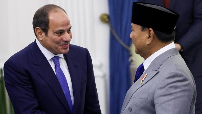 Egyptian President Abdel Fattah al-Sisi shakes hands with Indonesian President Prabowo Subianto after a joint-press conference following their meeting at the Merdeka Palace in Jakarta, Indonesia, October 11, 2026. REUTERS/Ajeng Dinar Ulfiana