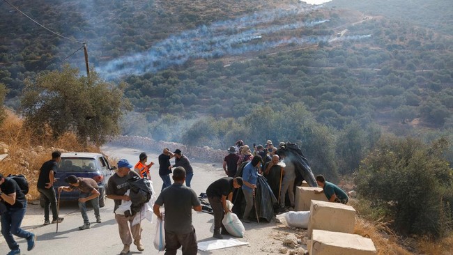 Palestinians, who pick olives during the harvest season, react during clashes with Israeli settlers in Palestinian-owned olive groves in the village of Deir Abu Mishal, with smoke from tear gas seen in the background, near Ramallah, in the Israeli-oc
