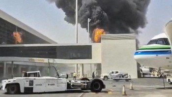 Smoke and flames rise from King Khalid Airport, after Yemen's Iran-backed Houthis said they attacked the airport, in Riyadh, Saudi Arabia, October 8, 2026, in this screengrab obtained from a social media video. Social Media/via REUTERS  THIS IMAGE HA