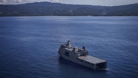 Philippine Navy's BRP Tarlac landing ship is seen anchored off the shore of Calayan Island, Cagayan on June 30, 2023. Amid increasing geopolitical tension between the US, China, and Taiwan, the Philippines is grappling with the potential fallout. Bat
