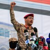 Military spokesman of Yemen's Huthi group Yahya Saree addresses a rally in solidarity with Palestinians and the Gaza Strip and in condemnation of Israel and the US, in the capital Sanaa on May 2, 2025. (Photo by Mohammed HUWAIS / AFP)