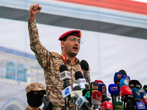 Military spokesman of Yemen's Huthi group Yahya Saree addresses a rally in solidarity with Palestinians and the Gaza Strip and in condemnation of Israel and the US, in the capital Sanaa on May 2, 2025. (Photo by Mohammed HUWAIS / AFP)