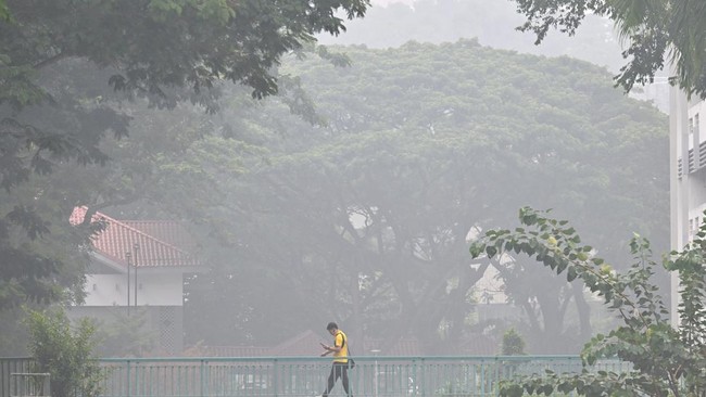 This picture provided by The Straits Times taken and received on October 14, 2026 shows a man walking on a road as the city is shrouded with haze in Singapore. Air pollution in western Singapore hit the country's