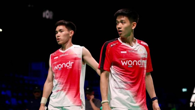 Raymond Indra/Nikolaus Joaquin saat berlaga di babak pertama Denmark Open 2026. (Arsip PBSI)