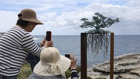 People takes photos of a sculpture titled The Guardians by artist Ulan & Rachel on the opening day of the 'Sculpture by the Sea' outdoor exhibition in Bondi, Sydney, Australia, October 16, 2026. REUTERS/Hollie Adams
