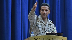 Spokesman of the Saudi-led military coalition Colonel Turki al-Maliki gestures during a press conference in the Saudi capital Riyadh, on September 16, 2019. The weapons used to strike two Saudi oil plants were provided by the kingdom's arch-foe Iran,