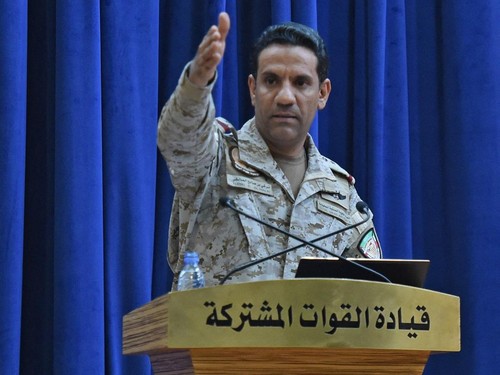 Spokesman of the Saudi-led military coalition Colonel Turki al-Maliki gestures during a press conference in the Saudi capital Riyadh, on September 16, 2019. The weapons used to strike two Saudi oil plants were provided by the kingdom's arch-foe Iran,