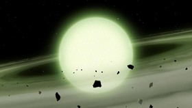 An artist's impression of the cool white dwarf star WDJ1330+6435, which has accreted sodium-rich rocky material from its planetary system into its atmosphere, and the star's immense atmospheric density causes the sodium to absorb light over broad ran