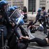 Anti-riot police clashes with demonstrators during an anti-government protest organized by the Italia in Piazza movement, at Piazza Duomo in Milan, on October 17, 2026. Inspired by recent protests in France and Spain, demonstrators are protesting aga