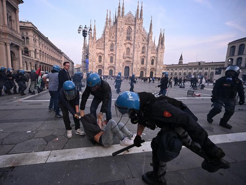 A youth breaks a bank window as clashes erupted during a demonstration against the "high cost of living", in Montpellier, southern France, on October 17, 2026 as part of a nationwide call for mobilisation bringing together various groups expressing t