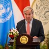 Sekretaris Jenderal (Sekjen) Perserikatan Bangsa-Bangsa (PBB) Antonio Guterres menyampaikan keterangan usai kunjungannya di Kantor Kementerian Luar Negeri, Jakarta, Senin (19/10/2026). Kunjungan tersebut untuk menghadiri kegiatan Foreign Policy Circl