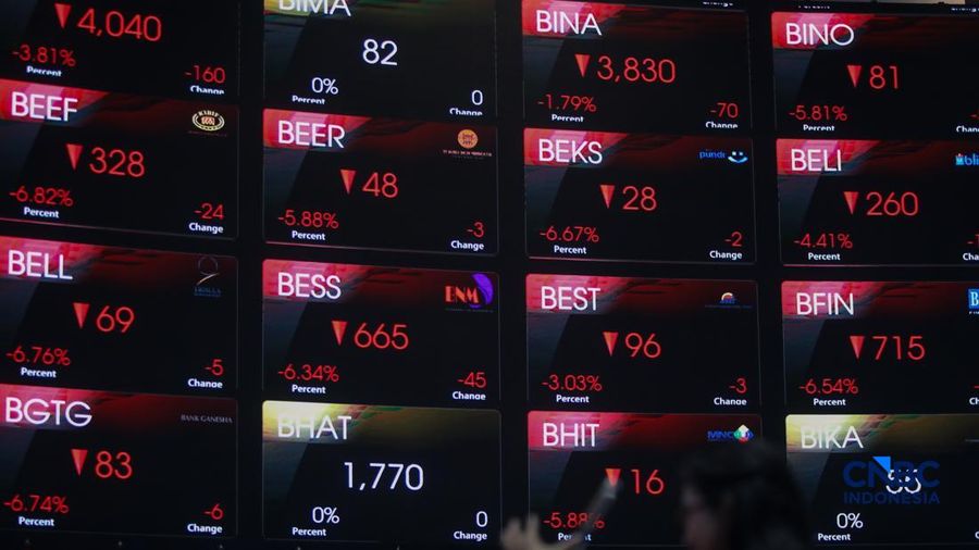 Layar menampilkan pergerakan Indeks Harga Saham Gabungan (IHSG) di gedung Bursa Efek Indonesia (BEI), Jakarta, Senin (19/10/2026).