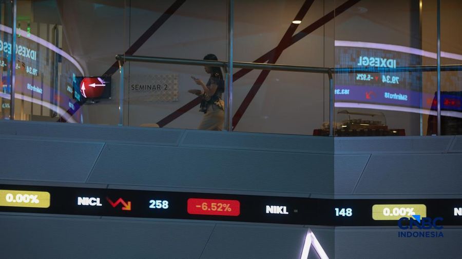 Layar menampilkan pergerakan Indeks Harga Saham Gabungan (IHSG) di gedung Bursa Efek Indonesia (BEI), Jakarta, Senin (19/10/2026).